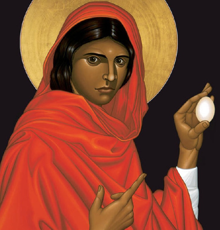 image of Mary Magdelene pointing to and holding an egg