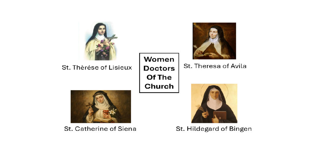 4 images of St. Therese of Lisieux, St. Theresa of Avila, St. Catherine of Siena, and St. Hildegard of Bingen titled Women Doctors of the Church